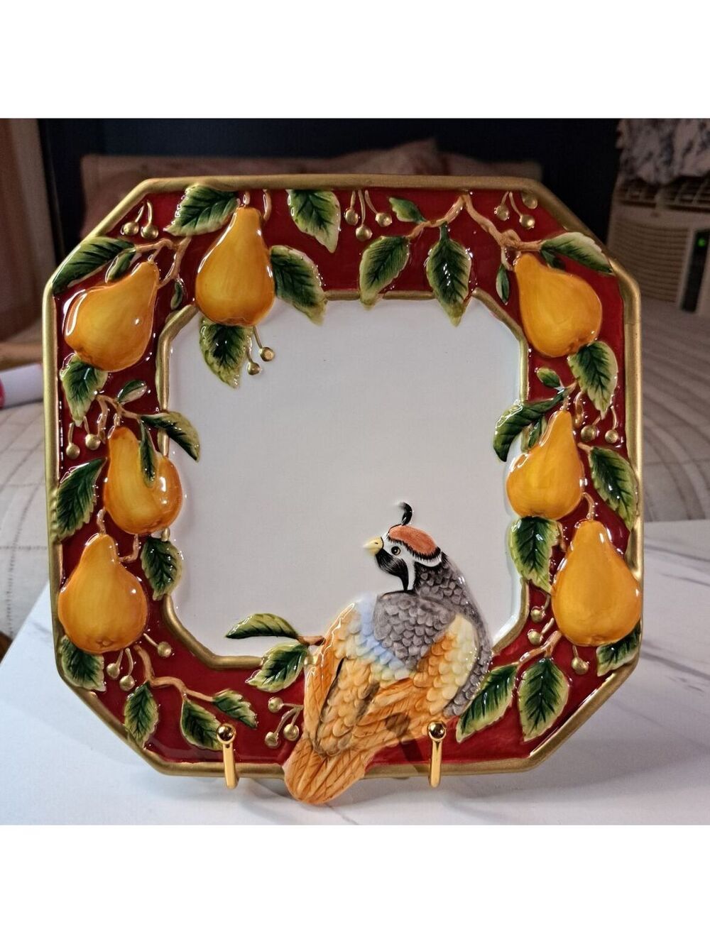 Vtg Retired Fitz & Floyd Partridge Square Canape Plate w/ Embossed Pears & Bird